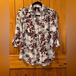 Iz Byer Burgundy Floral Plaid Button Down Shirt